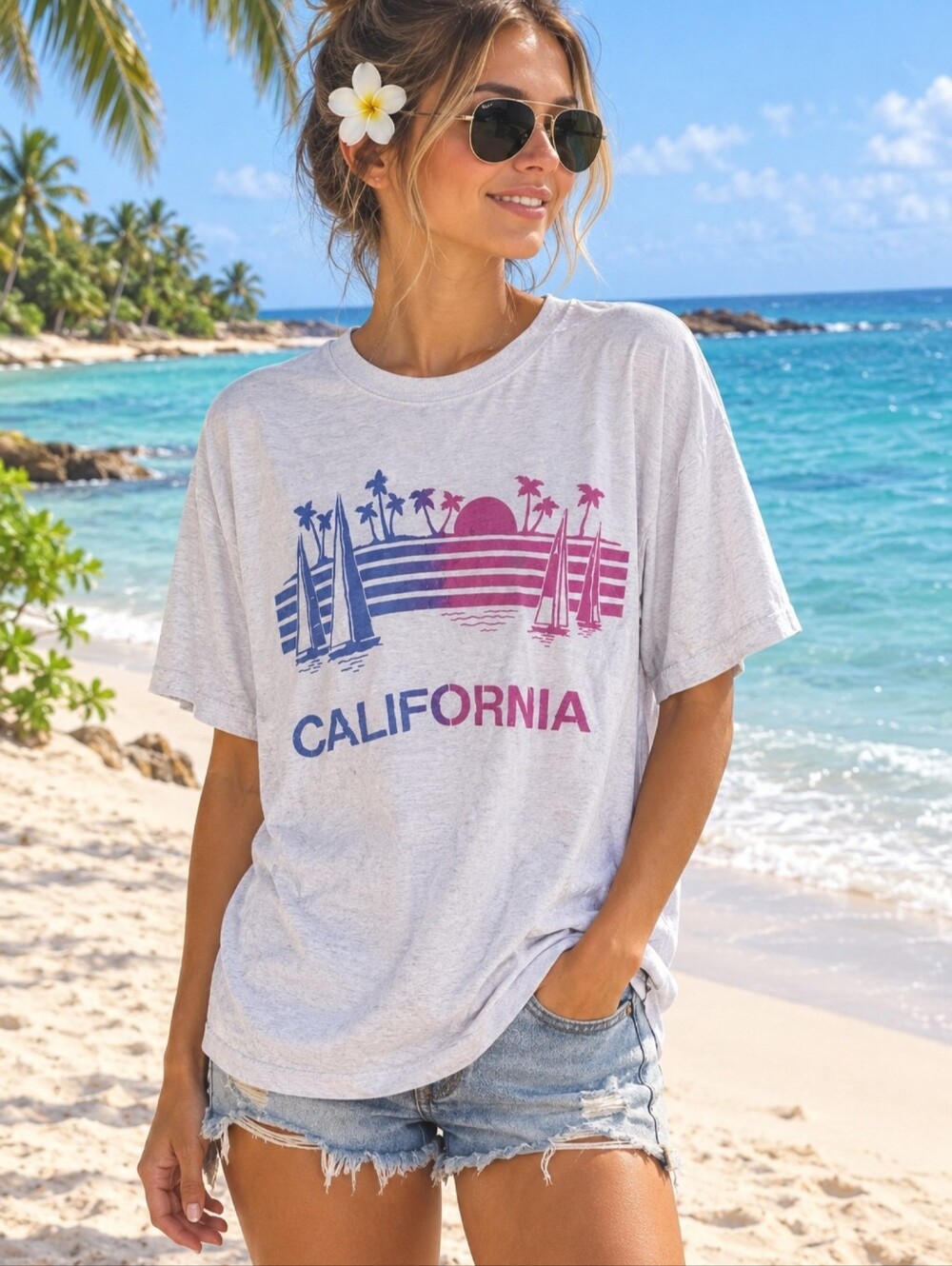 Vintage 80s California T-Shirt Single Stitch Adult XL Tropical Sail Boat Graphic